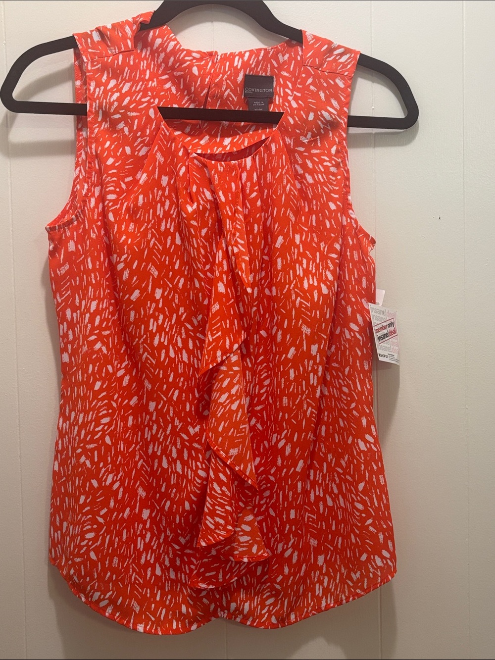 Covington Petite Medium Orange Abstract Ruffle Blouse NWT